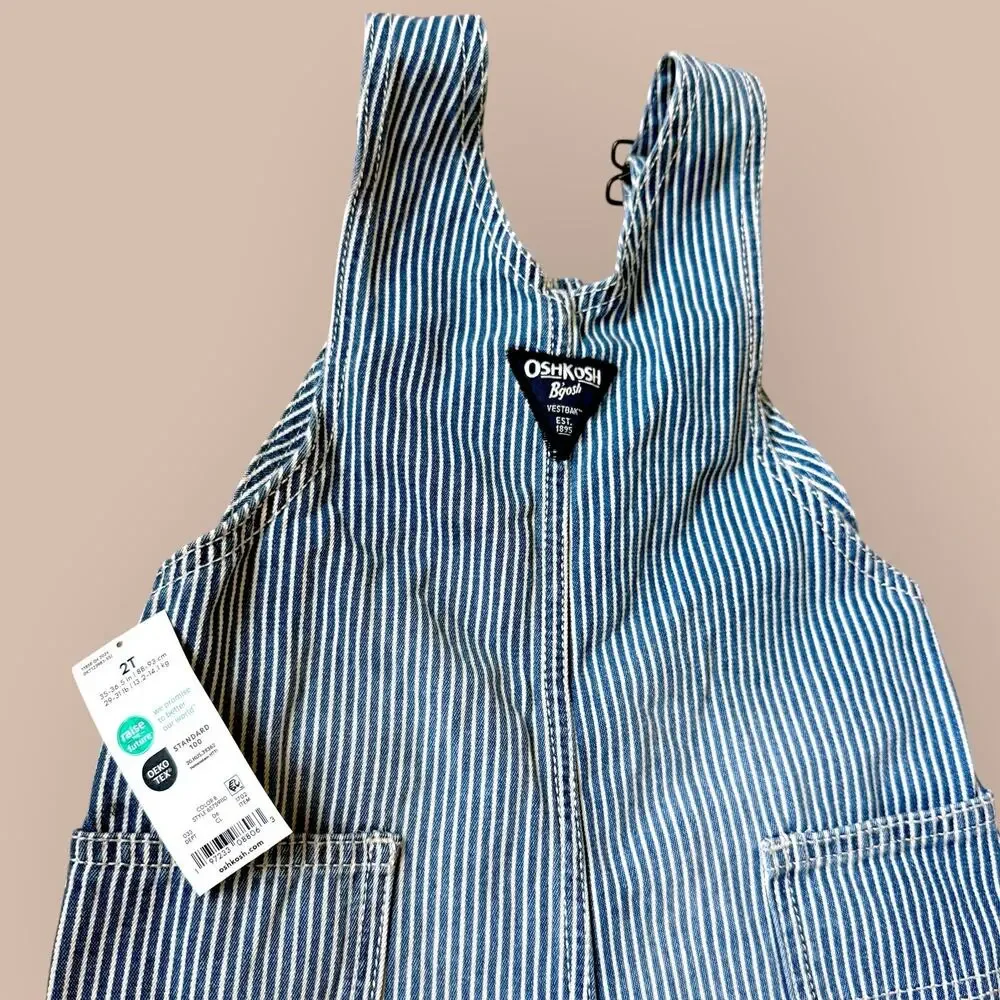 OshKosh B'gosh Railroad Striped Bib Shortalls Overalls Unisex 2T Blue White New